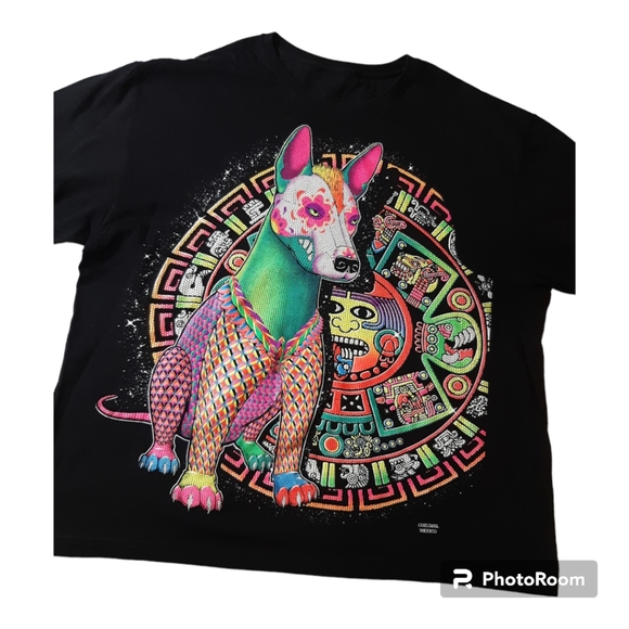 Men's Black T-Shirt with A Sprit Dog in Multiple Neon Colors. Cozumel Mexico - Picture 2 of 5